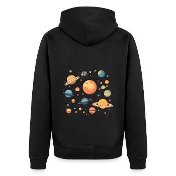 Bunte Planeten die durchs All schweben - Unisex Premium Bio Zip Hoodie - Schwarz - Hinten - Nico (187cm)