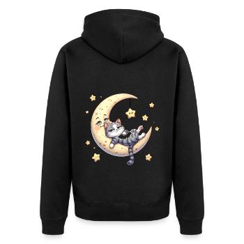 Mond und Katze mit Sternen - Unisex Premium Bio Zip Hoodie - Schwarz - Hinten - Nico (187cm)