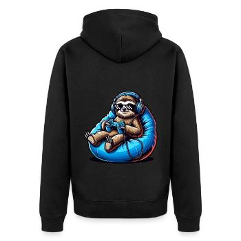 Funny gamer sloth with headphones - Unisex Premium Organic Zip Hoodie - black - Back - Nico (187cm)