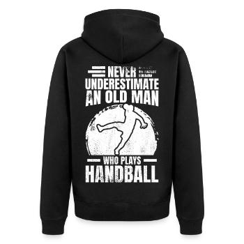 Unterschätze nie einen alten Handballer - Unisex Premium Bio Zip Hoodie - Schwarz - Hinten - Nico (187cm)