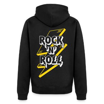 Rock'n'Roll Text Logo mit Blitz - Unisex Premium Bio Zip Hoodie - Schwarz - Hinten - Nico (187cm)