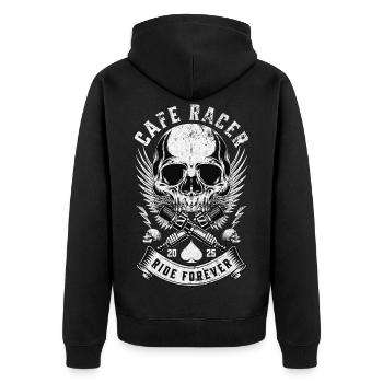 Cafe Racer Skull Ride Forever Biker - Unisex Premium Bio Zip Hoodie - Schwarz - Hinten - Nico (187cm)