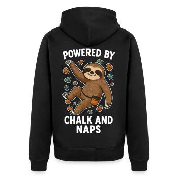 Bouldern Shirt lustig – Faultier mit Chalk - Unisex Premium Bio Zip Hoodie - Schwarz - Hinten - Nico (187cm)