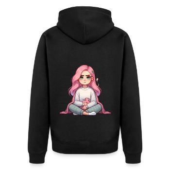 Nachdenkliches Mädchen mit Wärmflasche - Unisex Premium Bio Zip Hoodie - Schwarz - Hinten - Nico (187cm)