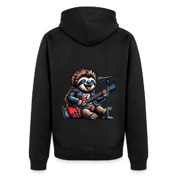 Lustiges Faultier Mit E-Gitarre Rockt Die Bühne - Unisex Premium Bio Zip Hoodie - Schwarz - Hinten - Nico (187cm)