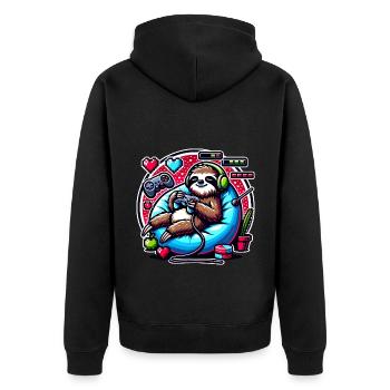 Chillender Gaming-Faultier Fan - Unisex Premium Bio Zip Hoodie - Schwarz - Hinten - Nico (187cm)