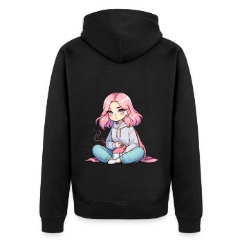 Fille animée confortable avec des cheveux roses et du thé - Veste à capuche bio Premium Unisexe - noir - Dos - Nico (187cm)