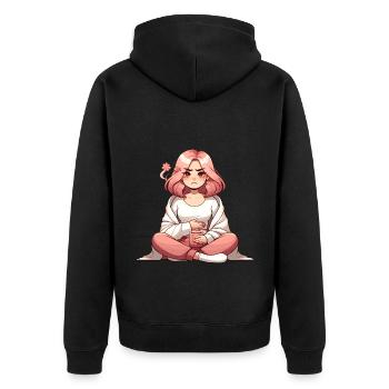 Entspannter Anime-Moment mit Tee - Unisex Premium Bio Zip Hoodie - Schwarz - Hinten - Nico (187cm)