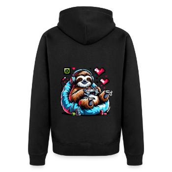Entspannter Gamer Faultier mit Controller - Unisex Premium Bio Zip Hoodie - Schwarz - Hinten - Nico (187cm)