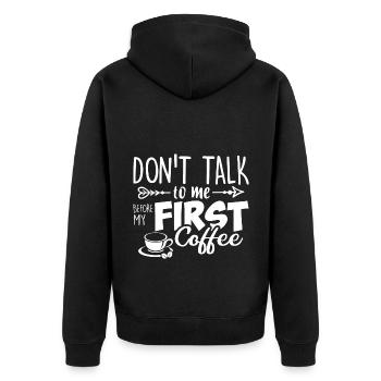Sprich erst nach meinem ersten Kaffee mit mir. - Unisex Premium Bio Zip Hoodie - Schwarz - Hinten - Nico (187cm)
