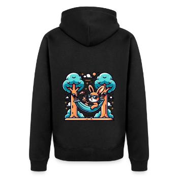 Relaxed bunny in summer sky - Unisex Premium Organic Zip Hoodie - black - Back - Nico (187cm)