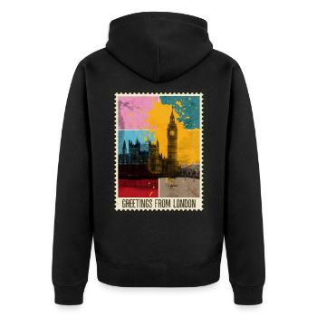 Londres Angleterre UK City Skyline Stamp Coloré - Veste à capuche bio Premium Unisexe - noir - Dos - Nico (187cm)