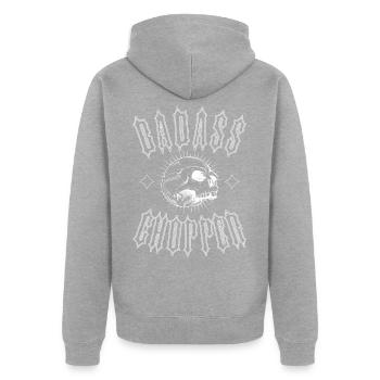 BADASS CHOPPER - Unisex Premium Bio Zip Hoodie - Grau meliert - Hinten - Nico (187cm)