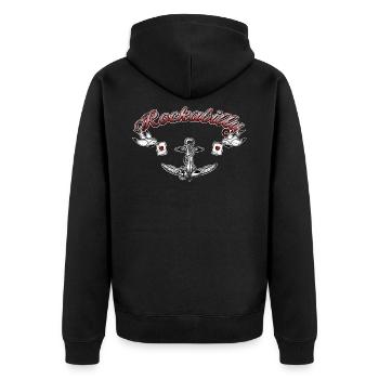 Motif Rockabilly avec ancre, poker et oiseaux - Veste à capuche bio Premium Unisexe - noir - Dos - Nico (187cm)