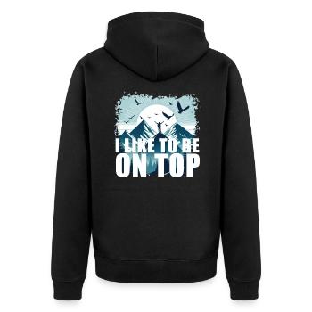 ICH MAG ES, OBEN ZU SEIN - Unisex Premium Bio Zip Hoodie - Schwarz - Hinten - Nico (187cm)