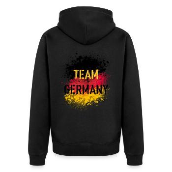 49 Team Germany Deutschland Fahne Spritzer - Unisex Premium Bio Zip Hoodie - Schwarz - Hinten - Nico (187cm)