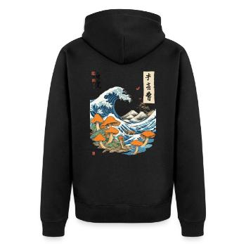 Japanese Wave Vintage Mushrooms Ukiyo-E Design - Unisex Premium Organic Zip Hoodie - black - Back - Nico (187cm)