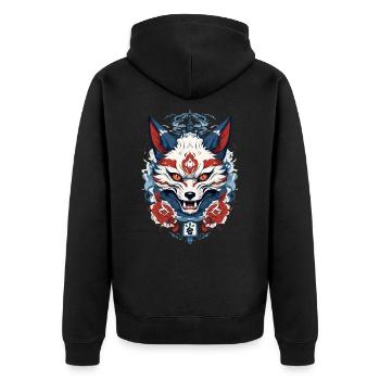 Japanische Kitsune Maske Yokai Ukiyo-E Design - Unisex Premium Bio Zip Hoodie - Schwarz - Hinten - Nico (187cm)