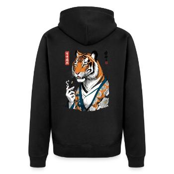 Ukiyo-E Tiger Geisha Anime Vintage Streetwear - Unisex Premium Bio Zip Hoodie - Schwarz - Hinten - Nico (187cm)