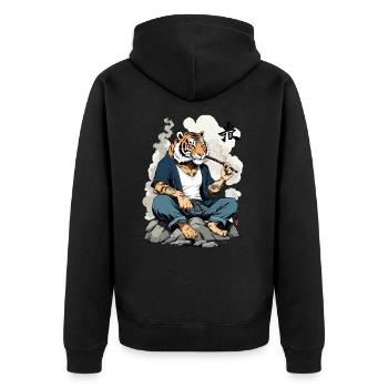 Japanischer rauchender Tiger Streetwear Kunststil - Unisex Premium Bio Zip Hoodie - Schwarz - Hinten - Nico (187cm)