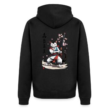 Samurai Cat with Katana Cherry Blossoms Vintage Style - Unisex Premium Organic Zip Hoodie - black - Back - Nico (187cm)