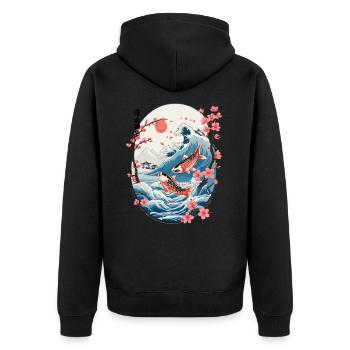 Vintage Ukiyo-E Koi Karpfen Kirschblüten Design - Unisex Premium Bio Zip Hoodie - Schwarz - Hinten - Nico (187cm)