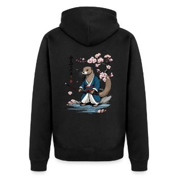 Cute Samurai Otter Cherry Blossom Ukiyo-E Design - Unisex Premium Organic Zip Hoodie - black - Back - Nico (187cm)