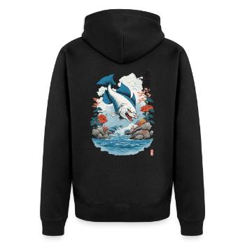 Ukiyo-E Catfish Japan Cat Streetwear Style - Unisex Premium Organic Zip Hoodie - black - Back - Nico (187cm)