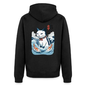 Ukiyo-E Katze beim Fischen Japan Kunst Streetwear - Unisex Premium Bio Zip Hoodie - Schwarz - Hinten - Nico (187cm)