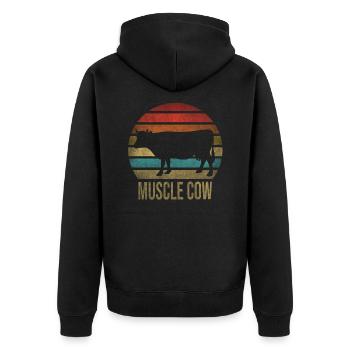 Muscle Cow Animal Retro Sunset - Unisex Premium Bio Zip Hoodie - Schwarz - Hinten - Nico (187cm)