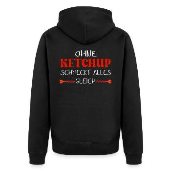 Ohne Ketchup schmeckt alles gleich - Unisex Premium Bio Zip Hoodie - Schwarz - Hinten - Nico (187cm)