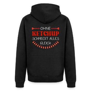 Ohne Ketchup schmeckt alles gleich - Unisex Premium Bio Zip Hoodie - Schwarz - Hinten - Nico (187cm)