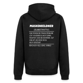 Wörterbuch Erklärung MASKENBILDNER Held, Genie - Unisex Premium Bio Zip Hoodie - Schwarz - Hinten - Nico (187cm)