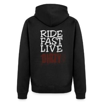 RIDE FAST LIVE DIRTY – Mountainbike - Motocross - Unisex Premium Bio Zip Hoodie - Schwarz - Hinten - Nico (187cm)