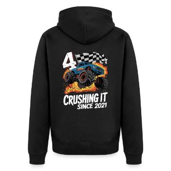 4. Geburtstag Monstertruck – Crushing It 2021 - Unisex Premium Bio Zip Hoodie - Schwarz - Hinten - Nico (187cm)
