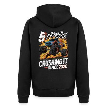 5. Geburtstag Monstertruck – Crushing It 2020 - Unisex Premium Bio Zip Hoodie - Schwarz - Hinten - Nico (187cm)