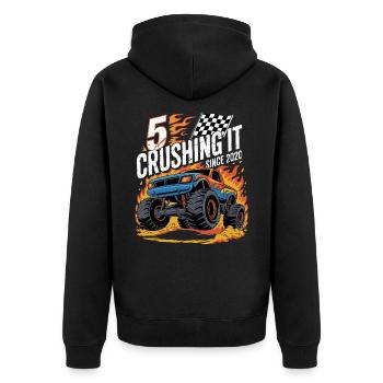 5. Geburtstag Monstertruck – Crushing It 2020 - Unisex Premium Bio Zip Hoodie - Schwarz - Hinten - Nico (187cm)