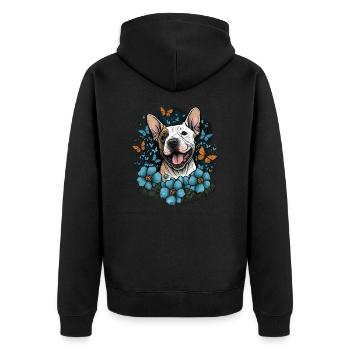 Cheerful Bull Terrier with flowers and butterfly - Unisex Premium Organic Zip Hoodie - black - Back - Nico (187cm)