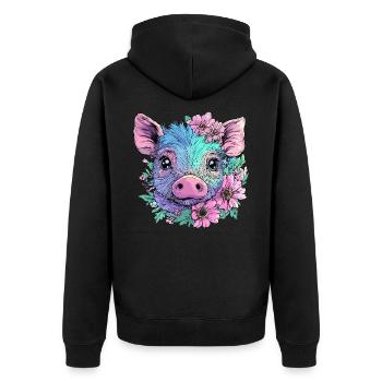 Niedliches Pastell Schwein mit Blumen - Unisex Premium Bio Zip Hoodie - Schwarz - Hinten - Nico (187cm)