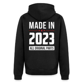 Fabriqué en 2023 - Toutes les pièces d’origine - Anniversaire - Veste à capuche bio Premium Unisexe - noir - Dos - Nico (187cm)