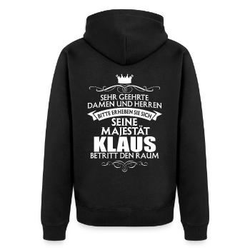 KLAUS - Majestät - Unisex Premium Bio Zip Hoodie - Schwarz - Hinten - Nico (187cm)