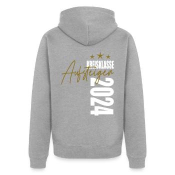 Aufsteiger Kreisklasse 2024 Aufstiegstrikot - Unisex Premium Bio Zip Hoodie - Grau meliert - Hinten - Nico (187cm)