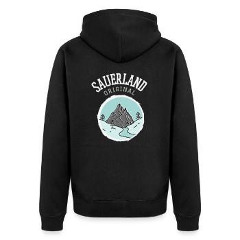 Sauerland Original | Dorfkind Wandern Wintersport - Unisex Premium Bio Zip Hoodie - Schwarz - Hinten - Nico (187cm)