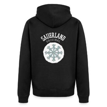 Sauerland Original | Dorfkind Wandern Wintersport - Unisex Premium Bio Zip Hoodie - Schwarz - Hinten - Nico (187cm)