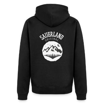 Sauerland Original | Dorfkind Wandern Wintersport - Unisex Premium Bio Zip Hoodie - Schwarz - Hinten - Nico (187cm)