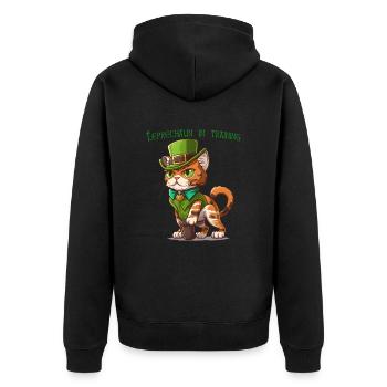 St. Patrick Chat Leprechaun in der DressurPaddy's Iri - Unisex Premium Bio Zip Hoodie - Schwarz - Hinten - Nico (187cm)