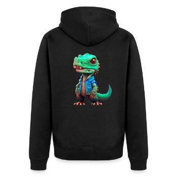 kleiner T-Rex in Jeansjacke - Unisex Premium Bio Zip Hoodie - Schwarz - Hinten - Nico (187cm)