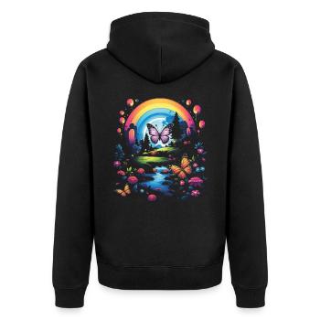 Niedliche Kawaii Regenbogen Schmetterlinge Traum - Unisex Premium Bio Zip Hoodie - Schwarz - Hinten - Nico (187cm)