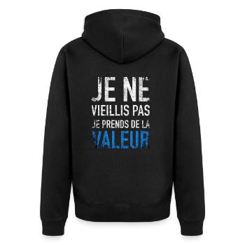 Ich werde nicht alt, ich steigere meinen Wert - Unisex Premium Bio Zip Hoodie - Schwarz - Hinten - Nico (187cm)