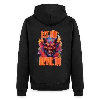 LASS DEN TEUFEL HEREIN. - Unisex Premium Bio Zip Hoodie - Schwarz - Hinten - Nico (187cm)